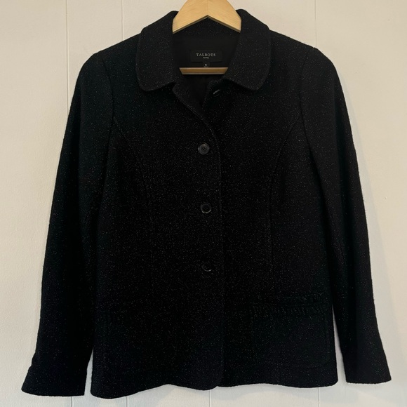 Talbots Women's Blazer Black/Metallic Jacket-Wool Blend-8 Petite-Ruffle-Warm - Picture 5 of 12